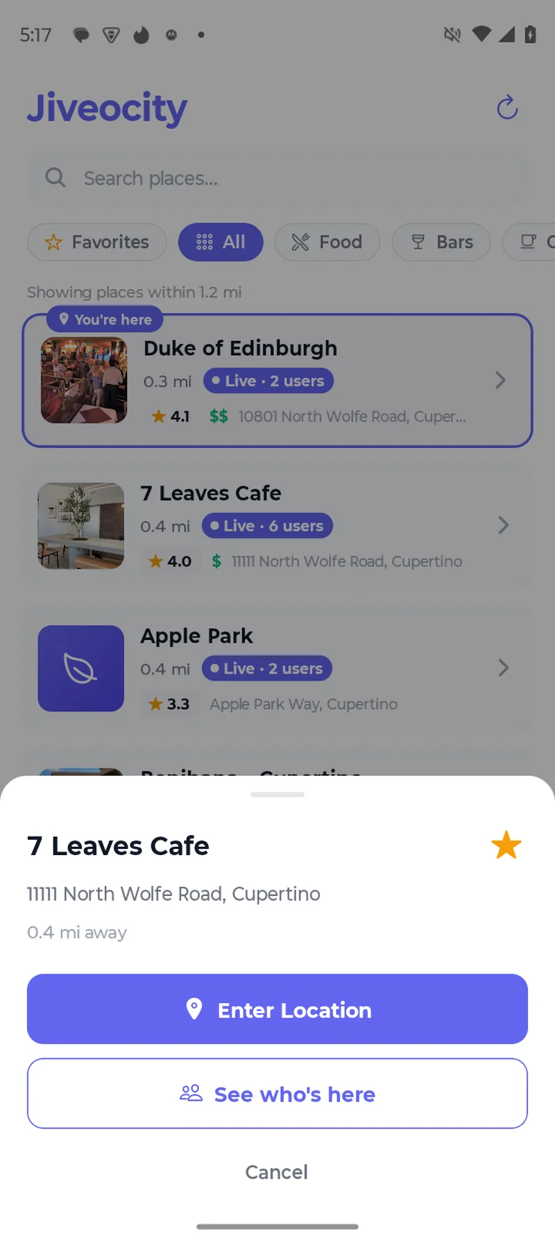 Place selection sheet with Enter Location button