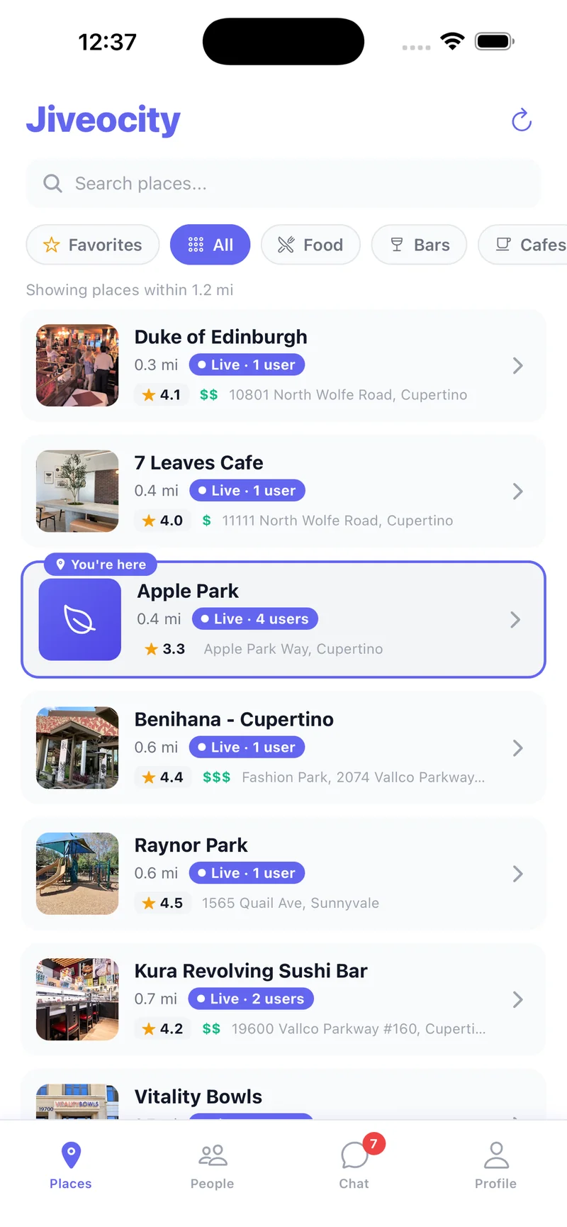 Jiveocity Places tab showing live activity at venues near you